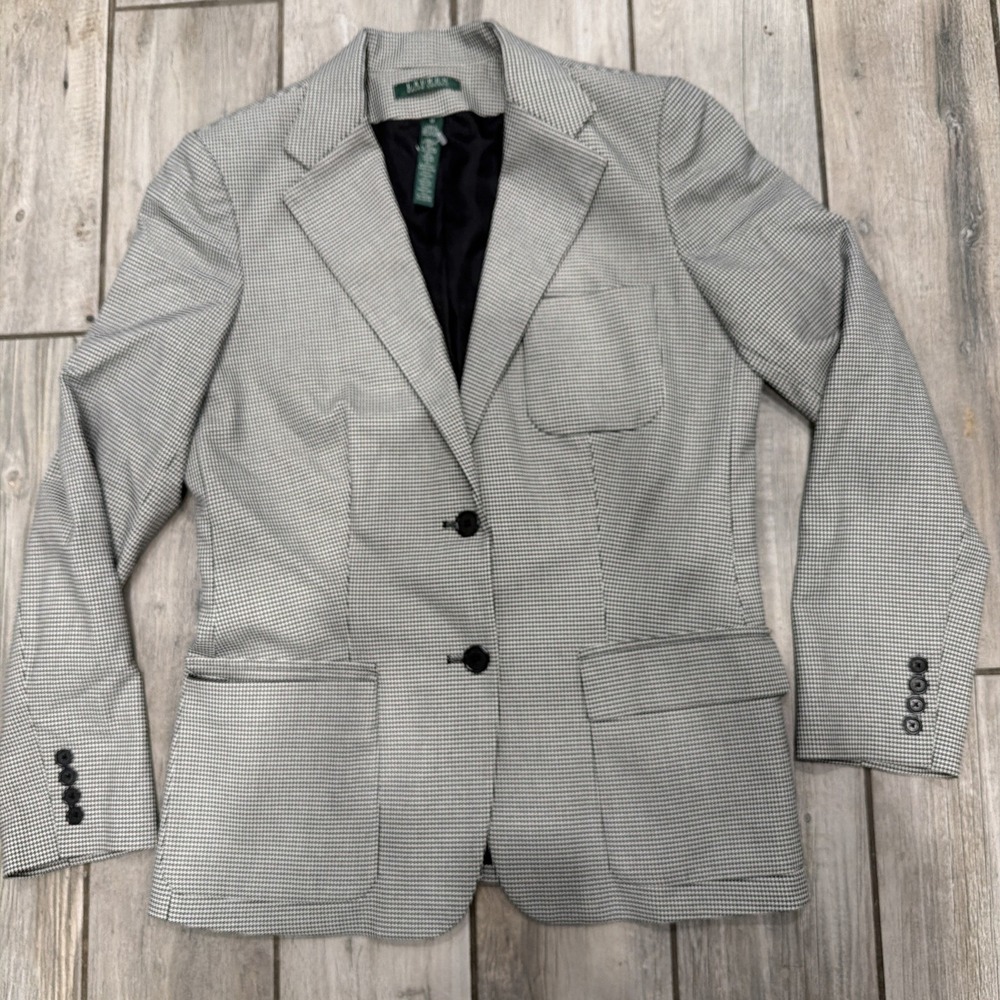 Lauren Ralph Lauren Houndstooth Two‎ Button Blazer Jacket Black & White Size 12